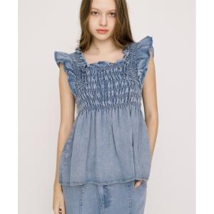 ブラウス シャツ DENIM ARM FRILL TOPS デニムアームフリルトップス 春服 夏服 レディース