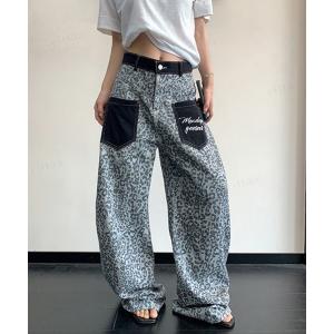 ジーンズ デニム デニムパンツ 韓国ファッション レオパード柄ワイドデニムパンツパンツ レディース メンズ
