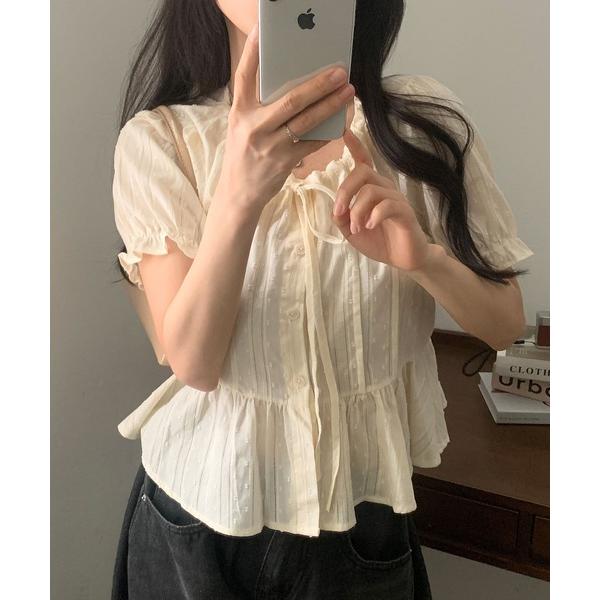 tシャツ パフスリーブギャザーリボンブラウス レディース