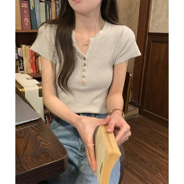 tシャツ ゴールドボタンキーネック半袖リブニット レディース