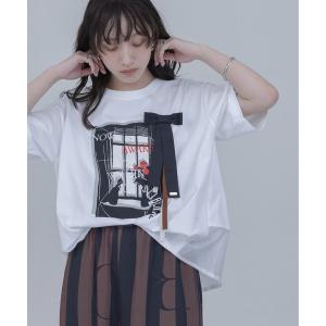 tシャツ モノクロアートプリント リボンモチーフTシャツ レディース