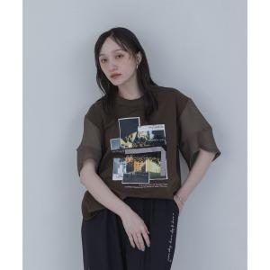 tシャツ フォトコラージュプリント メッシュスリーブTシャツ レディース
