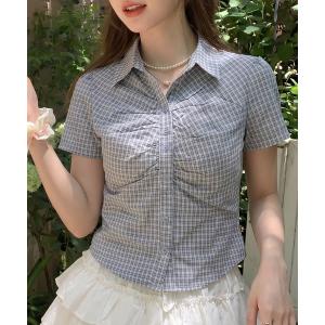 ブラウス シャツ 半袖 半袖ギャザーシャツ/タイト/チェック柄 レディース
