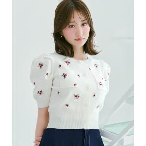 カーディガン 小花刺繍タックスリーブカーディガン レディース