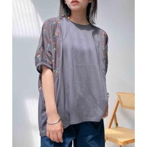 tシャツ 切り替え袖刺繍ビッグサイズプルオーバー レディース