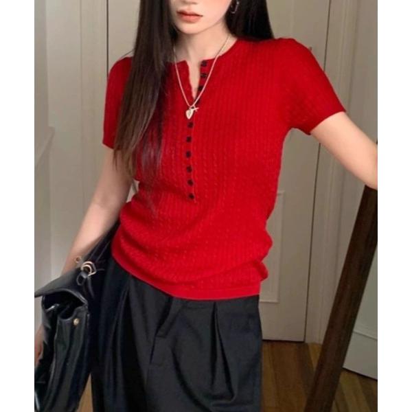 ニット セーター Henley cable knit tops レディース