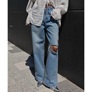 ジーンズ デニム デニムパンツ ダメージワイドストレートデニム レディース