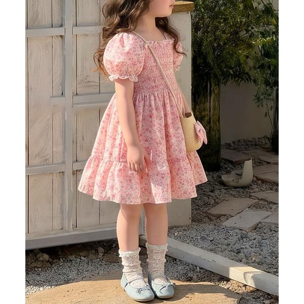 ワンピース 「aimoha-KIDS-」小花柄シャーリングワンピース（バッグ付き）(SS) キッズ ...