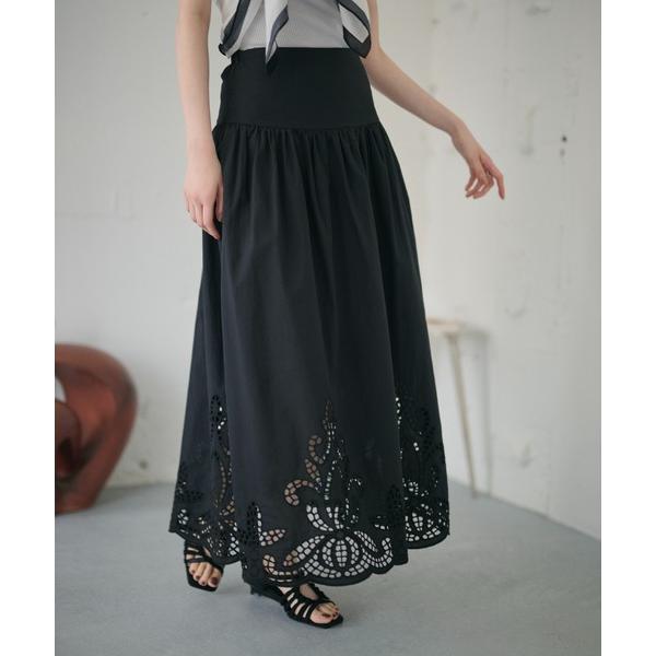 ロング スカート eyelet lace hem gather maxi skirt / アイレット...