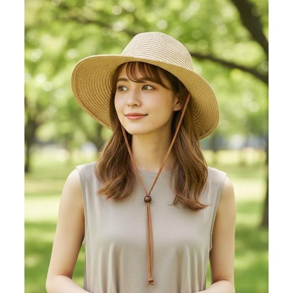 帽子 ハット 「UV対策・風対策」顎紐付きワイドブリム麦わら帽子/ストローハット 大人ナチュラル ア...