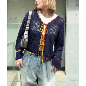 カーディガン 配色リボンレースニットカーデ レディース