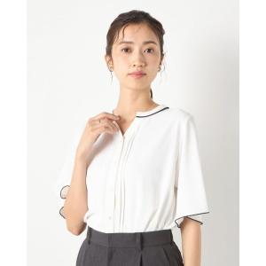 tシャツ 半袖 「SILVER LINE/5分袖」配色スキッパー前開き メタルボタン/「ウォッシャブル」「ストレッチ」「防シワ」「UV加工」「接触冷感」 レディース