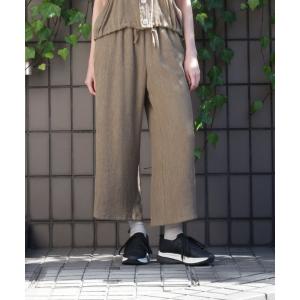 パンツ コットンポリエステル楊柳ワッシャーフラワーワンポイント　ケミカルレースモチーフストレートパンツ（裏付き） レディース