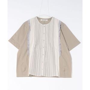 tシャツ 天竺×サッカーストライプ　ロゴワンポイント刺繍カットソー レディース