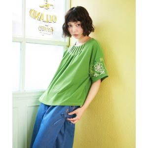 tシャツ 半袖 Jardin テレコフラワーコード刺繍Tシャツ レディース