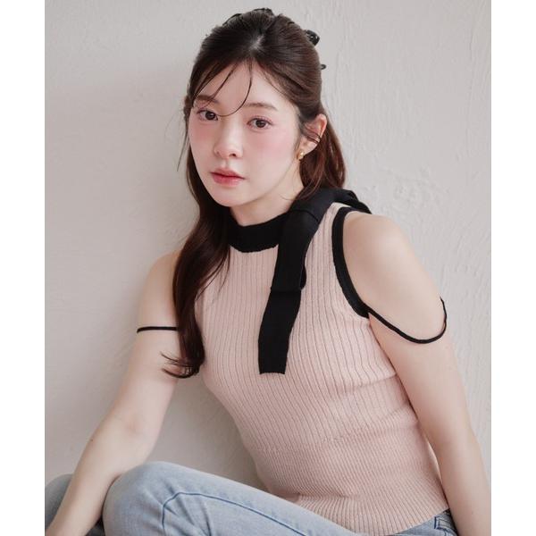 ニット セーター bicolor american sleeve ribbon tops / バイカ...