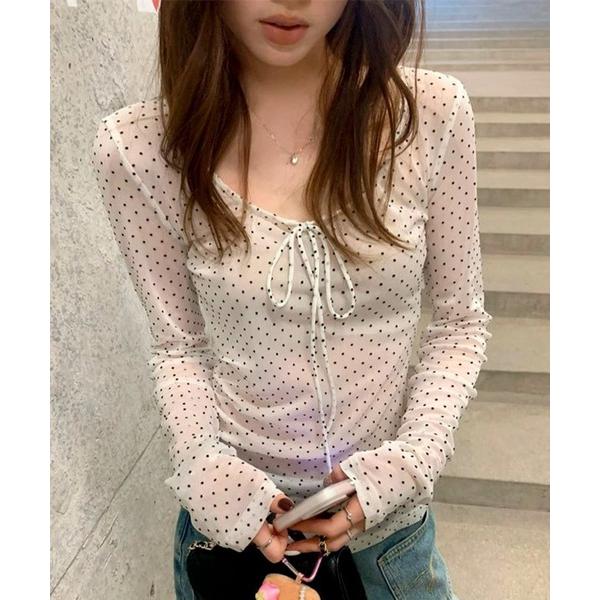 tシャツ ドット柄リボンシアーロンT レディース