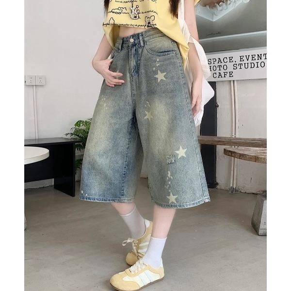 ハーフパンツ ジーンズ デニム デニムパンツ 星柄レトロハーフデニムパンツ レディース