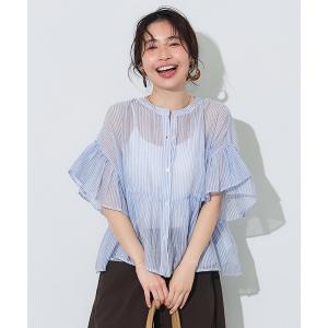 ブラウス シャツ 夏 ストライプシアーフリルブラウス レディース