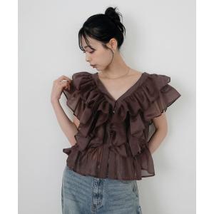 ブラウス シャツ シアーフリルノースリーブブラウス レディース