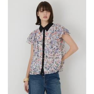 ブラウス シャツ 半袖 フラワープリントラッフルフリルブラウス レディース
