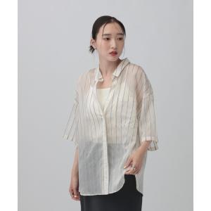 リネンシャツ ブラウス シャツ 半袖 シアーストライプBIGシャツ　664833 レディース