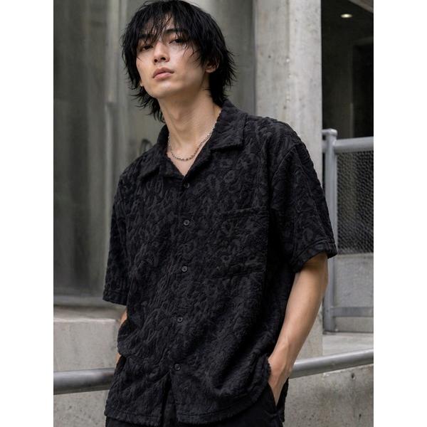 シャツ 半袖 「Bls」 「ZM」「Bling Leads」パイル生地 半袖レオパード柄シャツ メン...