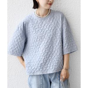 ブラウス シャツ ウェーブ フクレ ジャカード ショート スリーブ プルオーバー レディース