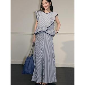 セットアップ フリルストライプ柄トップス+ワイドパンツセットアップ レディース