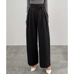 ワイドパンツ スラックス パンツ ハイウエストリボンタックワイドパンツ レディース