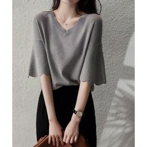 tシャツ Vネックフレアスリーブニットトップス レディース