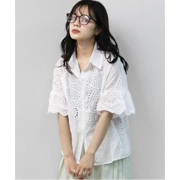 ブラウス シャツ 夏 半袖 アイレットレース 袖フレアハーフスリーブシャツ　EYELET LACE ...