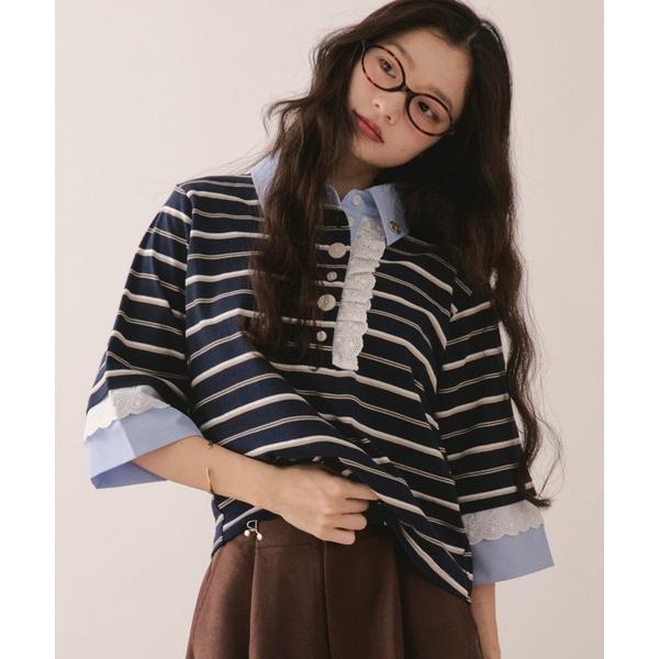 tシャツ lace frill polo tops / レースフリルポロトップス レディース