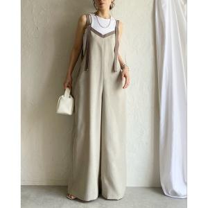 サロペット オーバーオール 「低身長向けサイズあり」リネンライク配色バイカラーオールインワンキャミサロペット レディース
