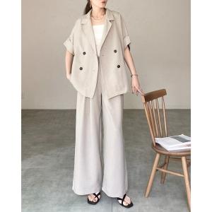 セットアップ リネンタッチ半袖ダブルテーラードジャケット＆ワイドパンツセットアップ レディース