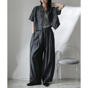 セットアップ 「4点セット」デニムシャツ＆イージーワイドパンツ＆ニットタンク＆ネックレス　セットアップ レディース