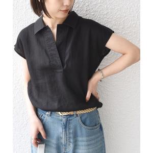 リネンシャツ ブラウス シャツ 半袖 SHIPS Colors:「洗濯機可能」ユーロリネン (EURO Linen) フレンチスリーブ スキッパーブラウス レディース