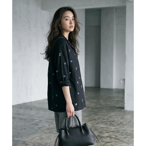 ブラウス シャツ 「BLK001」配色刺繍オープンカラーシャツ レディース