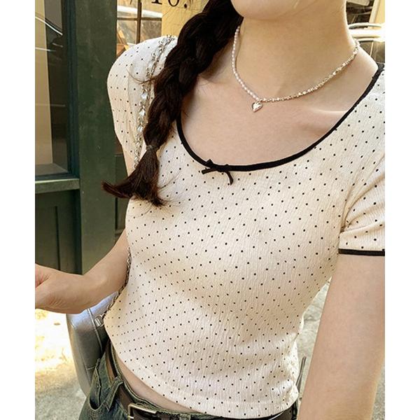 tシャツ リボン付き ドット柄Tシャツ 配色パイピング／韓国ガーリースタイル レディース