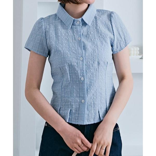 ブラウス シャツ 半袖 裾タック 立体 ジャガード 半袖 ブラウス レディース