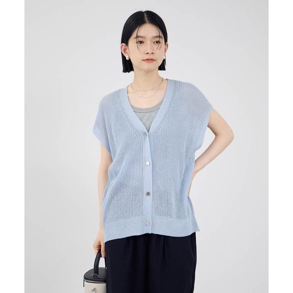 ベスト ジレ Idnes 麻タッチVネック ゴールドボタン ニットベスト レディース