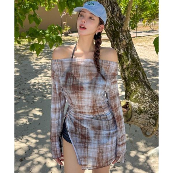 水着 オフショルダー チェック柄シースルーカバー付き水着 レディース