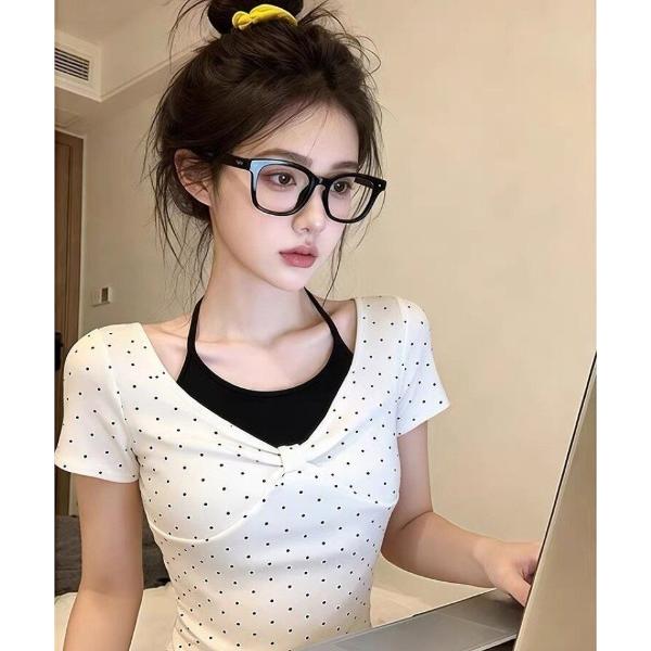 tシャツ ドット柄 ×V ネック  半袖 T シャツ レディース