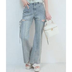 ジーンズ デニム デニムパンツ スリットビジューフレアデニムパンツ レディース