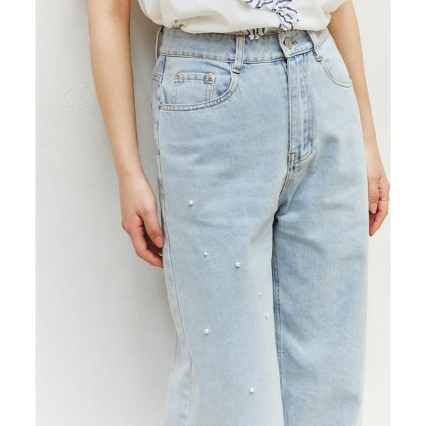 ジーンズ デニム デニムパンツ ランダムパールデコレーションデニムパンツ レディース