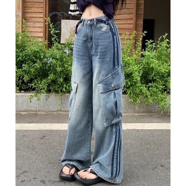 ワイドパンツ ジーンズ デニム デニムパンツ ストライプ柄 配色 デニムパンツ レディース
