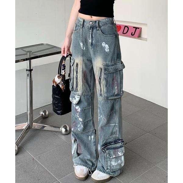 ワイドパンツ ジーンズ デニム デニムパンツ グラフィティプリント ワイド デニムパンツ レディース