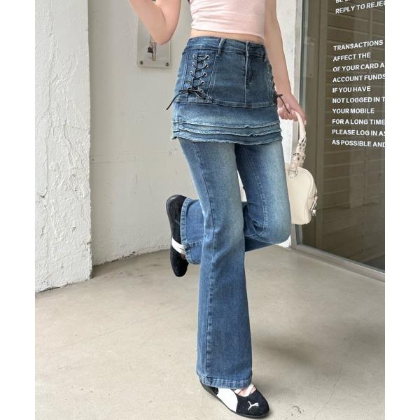 ジーンズ デニム デニムパンツ フェイクレイヤード フレア デニムパンツ レディース