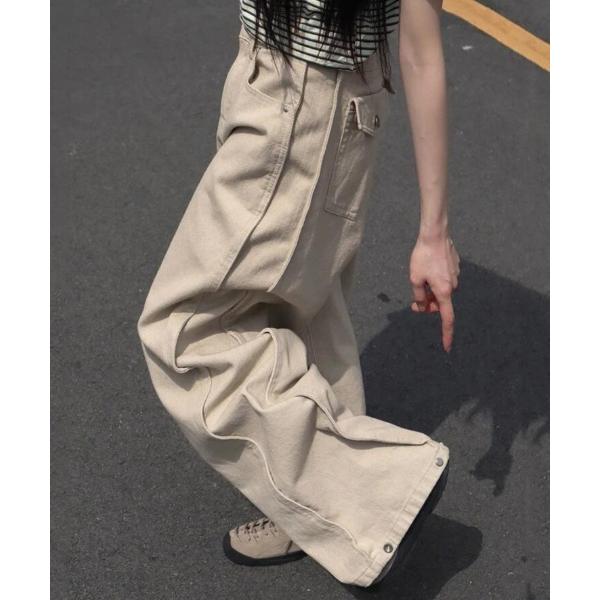 パンツ バックポケット付き サイドスリット ワイドデニムパンツ レディース