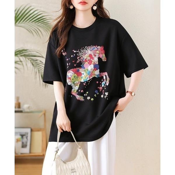 tシャツ 半袖 花柄ホースモチーフTシャツ レディース